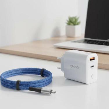 Imagem de Kit Geonav Cabo USB,C Magnético Nylon Azul 100w Carregador 65w