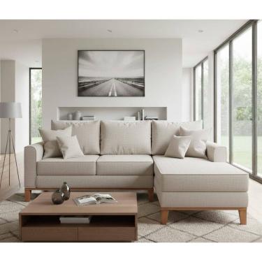Imagem de Sofá Beny com Chaise Direita, 2,20x1,40m, 3 Lugares, Linho, Base em Madeira.