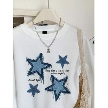 Imagem de Moletom Feminino Solto Com Gola Redonda, Estampa De Estrela Em Imitaçã