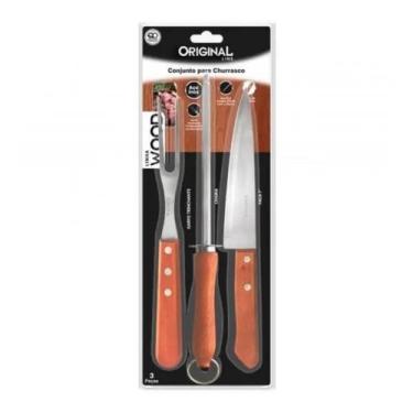 Imagem de Kit Churrasco Faca + Garfo + Chaira Aço Inox Wood Original - Original 