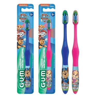 Imagem de Escova de Dente Infantil Gum Patrulha Canina Cerdas Macias Azul e Rosa para Higiene Oral