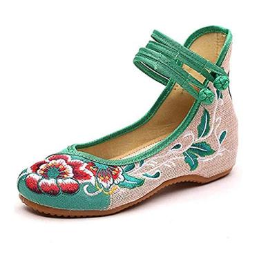 Imagem de TangDao Sapatilhas femininas casuais chinesas bordadas florais cheongsam para caminhar Mary Jane, Verde, 8