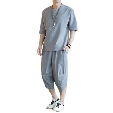 Imagem de Tampos de roupas em estilo chinês masculino, camisetas de mangas curtas, fundo, calças cortadas, algodão solto e respirável e roupas de linho,Light gray,XL