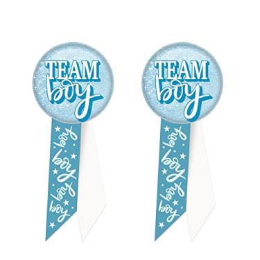 Imagem de Beistle 2 peças Rosetas Wearable Team Boy Botões para decoração de chá de bebê, lembranças de festa de gênero, 14 x 5 cm, azul/branco