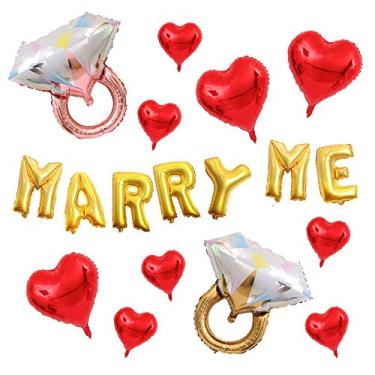 Imagem de AnnoDeel MARRY ME Letras Baloons Banner, 61 cm Anel Diamante 45,7 cm Coração Vermelho Balões Mylar Propor Balões de Folha para Decoração de Doce Amor Festa de Casamento Dia dos Namorados