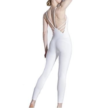 Imagem de Yajun Roupa de treino Conjuntos de macacões de ioga femininos para academia fitness agasalhos de uma peça body sem costas para levantar o bumbum, branco, M (53 kg)