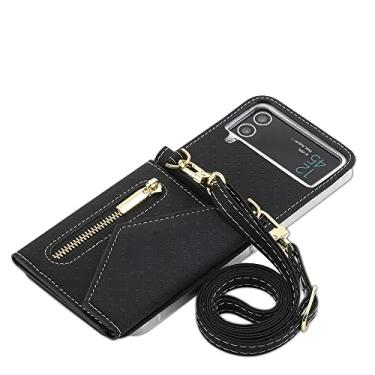 Imagem de Capa de celular transversal para Samsung Galaxy Z Flip 4 5G Flip4 Geométrico compartimento para cartões de crédito capa traseira de couro com cordão, preta, para Galaxy Z Flip4 5G