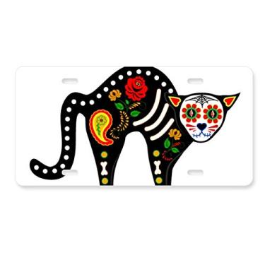 Imagem de DIYthinker Placa de licença para decoração de coração de gato preto atmosfera de terror de Halloween etiqueta de aço inoxidável para automóvel