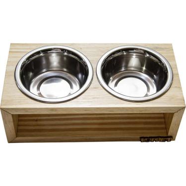 Imagem de Comedouro Duplo Madeira Natural para Cães e Gatos - Tam. Único