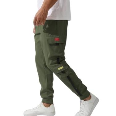 Imagem de PUCHEN Calça de Moletom Cargo Masculina Casual com Vários Bolsos Cintura Elástica e Calça Jogger Inferior,Army green,M