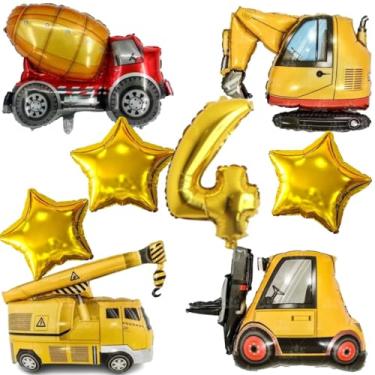 Imagem de Kit 4 Balões Metalizados Construção, Guindaste, Retroescavadeira, Empilhadeira, Betoneira + 3 Estrelas + Número Gigante (Dourado (4))