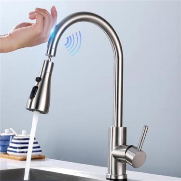 Imagem de Torneiras de cozinha de toque inteligente sem guindaste pull out para sensor de água da cozinha misturador da pia girar toque misturador de água, escova níquel, china