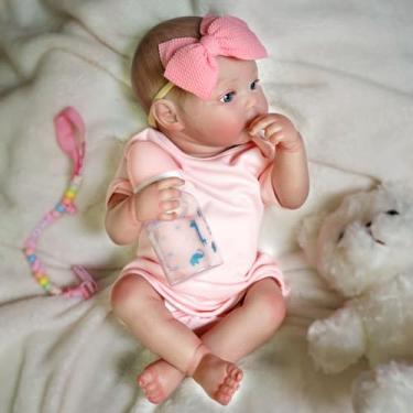 Imagem de Brastoy Bebê Reborn Silicone Boneca Realista Menina Rosa Pintado Original 48cm Olhos Azuis