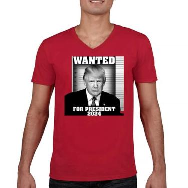 Imagem de Camiseta com gola V Donald Trump Wanted for President 2024 Mugshot MAGA America First Republican Conservative FJB Tee, Vermelho, P