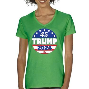 Imagem de Camiseta feminina Trump 2024 45 47 President gola V MAGA Make America Great Again FJB Lets Go Brandon America First Flag Tee, Verde, XXG