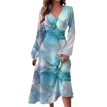 Imagem de Elogoog Vestido feminino rodado rodado cintura elástica manga longa decote V floral vestido de sol primavera verão para mulheres 2024, Azul, P