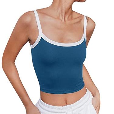 Imagem de Camiseta regata feminina de verão sem mangas, alças finas, sexy, cropped color block, camiseta para sair, Azul, G