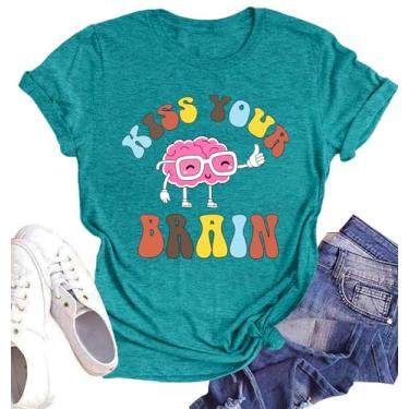 Imagem de Camisetas femininas com estampa gráfica Kiss Your Brain Retro Teaching Life Inspirational, Ciano, M