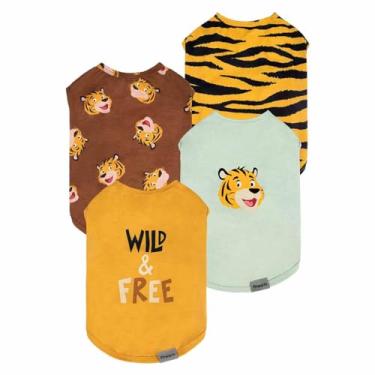 Imagem de Fitwarm Pacote com 4 camisetas de cachorro tigre, roupas de verão para cães pequenos, meninos e meninas, camiseta engraçada para cães, roupa para animais de estimação, amarelo, marrom, preto, verde,