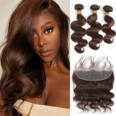 Imagem de Kapelli Hair Ondulado corporal brasileiro com renda frontal (14 16 18 + 12 frontal) 10A castanho claro ondulado mechas de cabelo humano com renda frontal virgem brasileiro lace frontal fecho frontal com cabelo de bebê