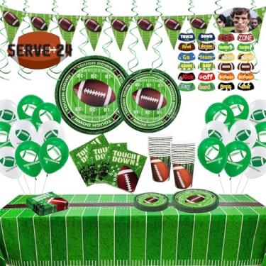 Imagem de Conjunto de decoração de superbowl de artigos de festa de futebol com 219 peças, inclui pratos, copos, garfos, facas, colher, guardanapos, toalha de mesa, faixa, espiral para pendurar, adesivos e balões serve 24 para jogos de touchdown