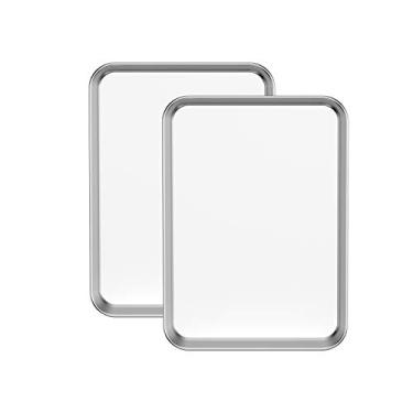 Imagem de Conjunto de 2 folhas de assar, Bastwe, bandeja de assadeira de aço inoxidável, tamanho 25,4 x 20,3 x 2,5 cm, não tóxica e saudável, livre de ferrugem e fácil de limpar