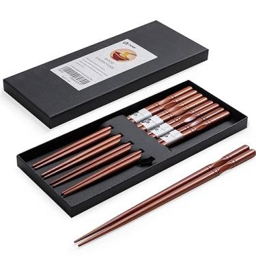 Imagem de MFJUNS 5 pares de pauzinhos japoneses, reutilizáveis, design antiderrapante, madeira natural, marrom, 8,8 polegadas/22,5 cm, fácil de usar, adequado para iniciantes, conjunto de presente