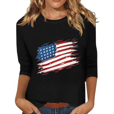 Imagem de Camiseta feminina bandeira dos EUA blusas patrióticas dia da independência camiseta 4 de julho gola redonda roupas de ajuste solto, Preto, 3G