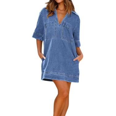 Imagem de loveimgs Vestido jeans feminino casual de verão manga curta gola V envelhecido vestido mini camisa vestido, Azul claro, GG