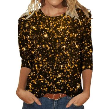 Imagem de Camiseta feminina de gola redonda com estampa de lantejoulas manga 3/4, caimento solto, blusas casuais modernas, camisa de festa 2024, Caqui, XXG