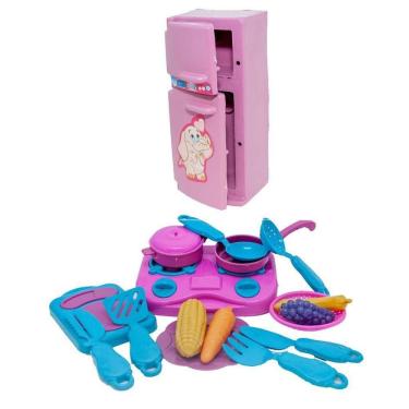 Imagem de Cozinha Jantar Geladeira Brinquedo Criança Comidinhas 17Pç