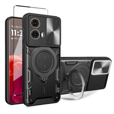 Imagem de WRTBS Capa de celular para Motorola Moto G85 5G com protetor de tela de vidro, capa de proteção para câmera deslizante embutida, capa protetora de corpo inteiro militar resistente - preta