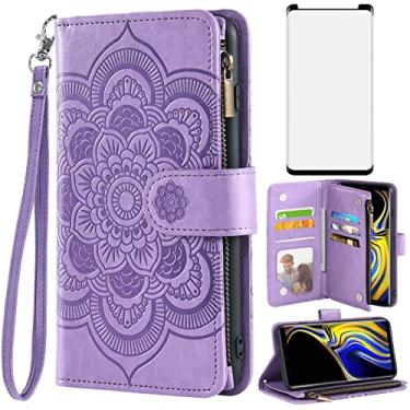 Imagem de Asuwish Capa carteira compatível com Samsung Galaxy Note 9 e protetor de tela de vidro temperado flor couro flip porta-cartão capa para celular Galaxy Note 9 Gaxaly Glaxay Not S9 mulheres homens roxo