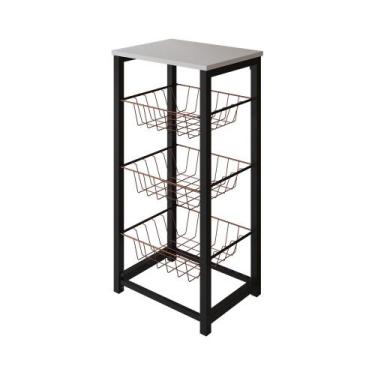 Imagem de Fruteira de Chão Cozinha Desmontada Aço Preto Cesto Cobre Tampo Branco