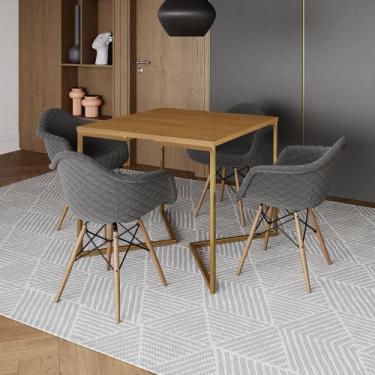 Imagem de Jogo de Mesa Industrial Base Dourada Tampo Quadrado 90cm Canela com 4 
