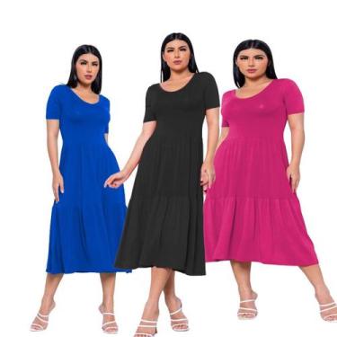 Imagem de Kit 3 Vestidos Midi Manga Curta Moda Evangélica - Gisele Freitas, Azul