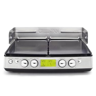 Imagem de GreenPan Grelhador e chapa de aço inoxidável Elite XL sem fumaça, placas de alumínio fundido intercambiáveis/removíveis de cerâmica saudável, proteção contra respingos, sem PFAS