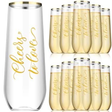 Imagem de Ziliny 24 peças de taças de champanhe de plástico para casamento, 255 g, Cheers to Love, taças de champanhe, borda dourada, taças de casamento, torradas, taças de coquetel, festa de casamento, chá de