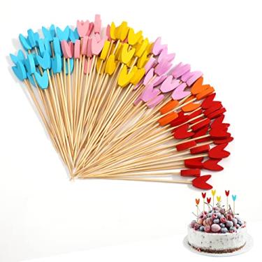 Imagem de OOTSR 100 espetos coloridos de coração para coquetéis de bambu coquetel 12 cm palitos tropicais de madeira para festa aperitivo bebida martini suprimentos de comida festa lanche decorativo