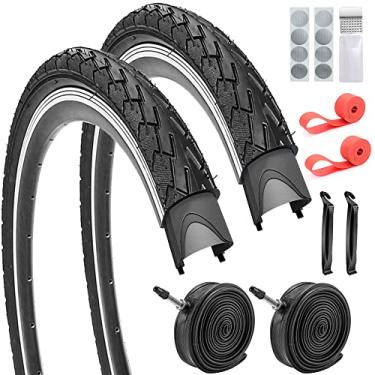 Imagem de SIMEIQI Pneus dobráveis para bicicleta de estrada 700 x 35C, 2 tubos internos, 2 alavancas, 2 tiras de aro e 8 peças de kit de adesivos Gluless (700 x 35)