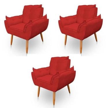 Imagem de Kit 3 Poltronas Decorativa Opala Sala de Estar Tecido Suede Vermelho K