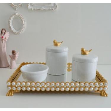 Imagem de Kit Higiene Bebê Porcelana Bandeja Perola Cotonete Potes K036 - Cirand