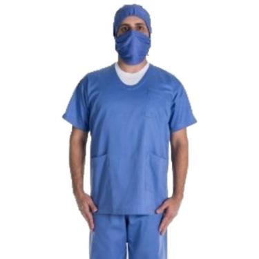 Imagem de Pijama Cirúrgico Azul Unissex Blusa, Calça, Touca e Mascara Cirúrgica 