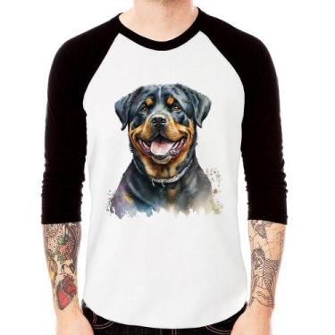Imagem de Camiseta Raglan Cachorro Rottweiler Manga 3/4 - Foca na Moda, Branco, 