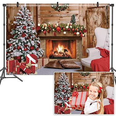 Imagem de DASHAN 3 x 2 m pano de fundo de Natal árvore de natal lareira parede de madeira fundo de poliéster para fotografia festival de família festa feliz natal evento banner decoração adereços de cabine de fotos