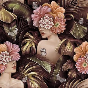 Imagem de XYZshop B009 Papel de parede floral autoadesivo folhas de palmeira douradas borboletas papel de parede vinil removível Home Deco Mural 43,9 cm x 299,7 cm
