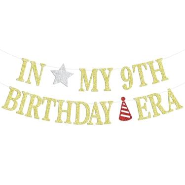 Imagem de Banner In My 9th Birthday Era, On Cloud 9/9 is Great/9 & Fabulous Decor Backdrop Gifts for Celebrate 9th Birthday, Happy 9th Birthday Party Banner Sign for Kids, Glitter dourado