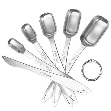 Imagem de U-Taste Colheres medidoras quadradas estreitas: colher de chá de aço inoxidável 18/8 com nivelador, colher de sopa de metal retangular de polígono para assar, cozinhar, café, tempero, pó (conjunto de