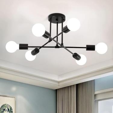 Imagem de Lustre ajustável luminária de teto 6 luzes pretas modernas diâmetros 51 cm max 60 W luzes base E27 candelabros Sputnik para sala de jantar quarto cozinha escritório foyer lâmpadas não incluídas