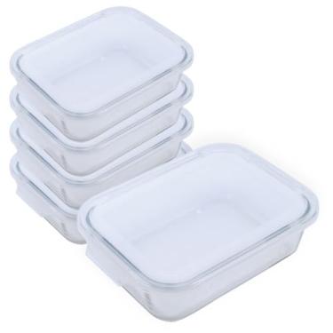 Imagem de Conjunto De 5 Potes 1,5 Litros Retangular De Vidro Com Tampa Plástica Para Marmita Mantimentos Frutas Legumes Freezer e Forno Escritex